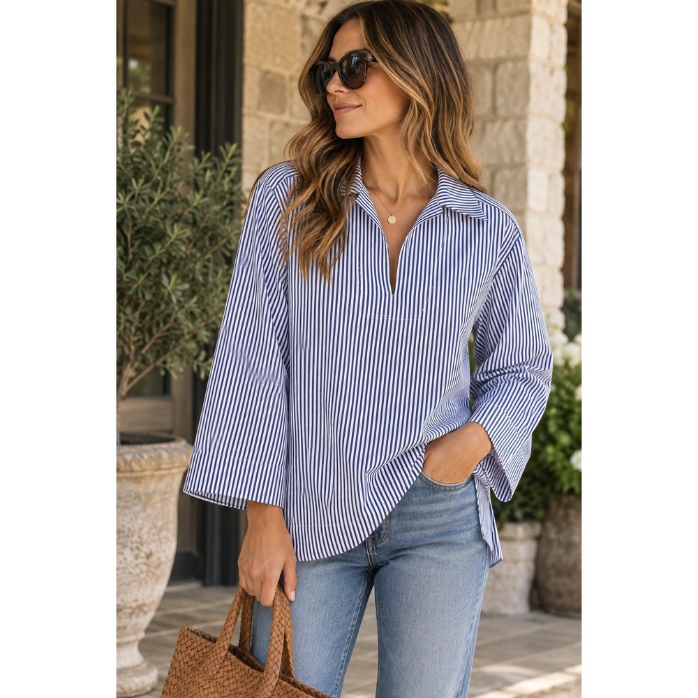 Lafayette 148 New York Small Blue White Striped Cotton Popover Tunic Shirt Top